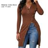 Women's Solid Color Long Sleeve Zip V Neck High Slit Long Ribbed Shirt