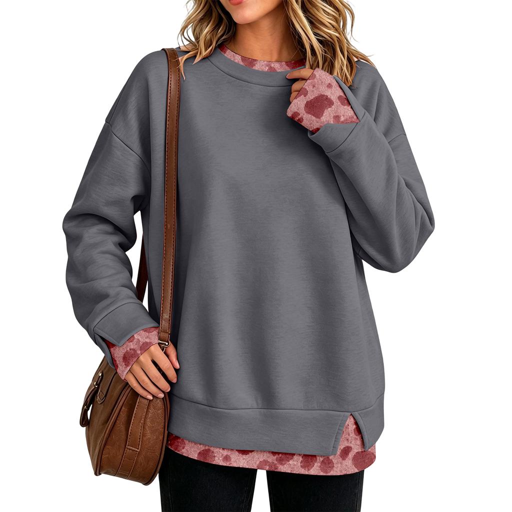 Women's Casual Leopard Print Pullover Top with Two-Piece Design, Long Sleeve Neck