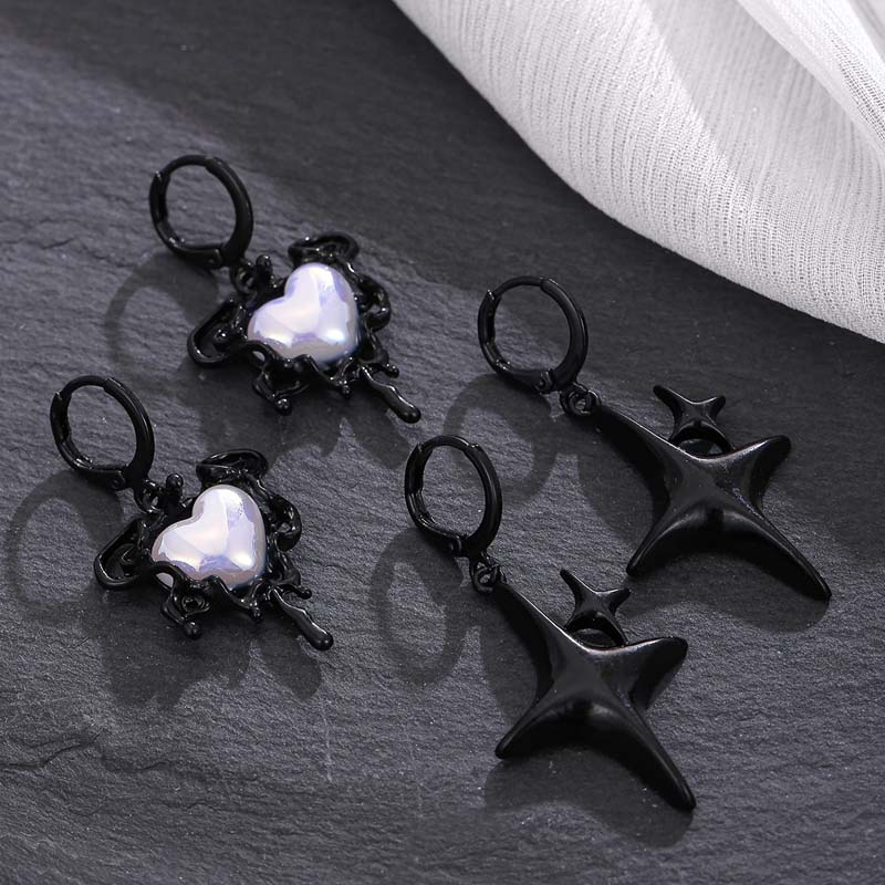 Gothic Punk Black Color Heart Star Pendant Earrings Set for Women Egirl Simple Opal Stone Cross Earrings Aesthetic Y2K Zircon