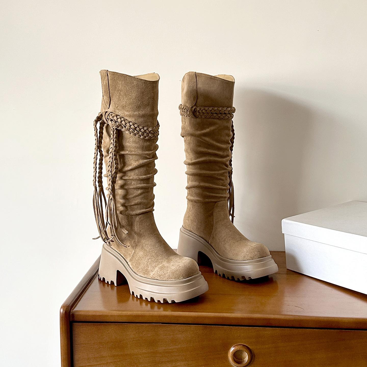 

Универсальные ковбойские сапоги с круглым носком, бахромой и толстым каблуком, новая модель 2025 года, темпераментные, тонкие плиссированные сапоги-чулки, длинные сапоги 40 хаки