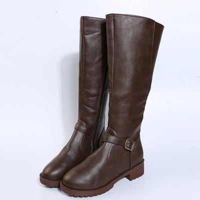 Vintage Braune Damen kniehohe Stiefel Große Größe Niedrige Absätze Plateau Lange Stiefel Herbst Winter PU-Leder Damen Warme Stiefeletten