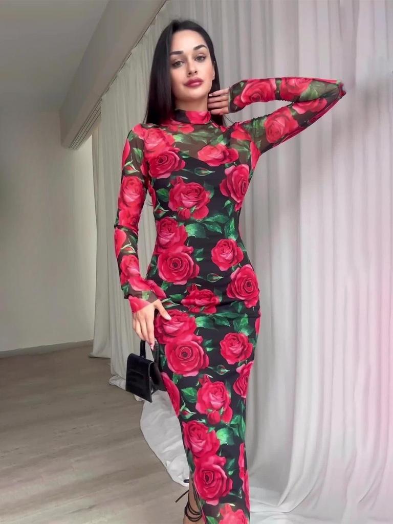 2025 Autumn European Floral Midi Dress In Picture Color