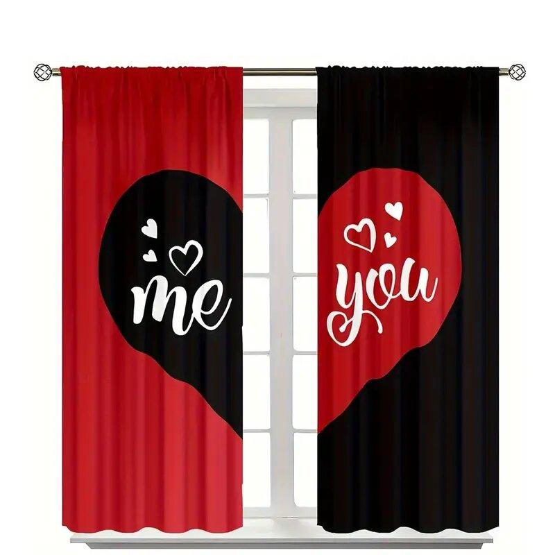 Valentine Day Black Red Heart Shaped Pattern Printed Curtains Window Decorations Home Room Made Of Polyester