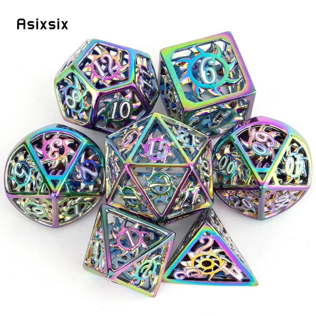 7 Pcs Colorful Rotary Cyclone Metal Dice Hollow Metal Polyhedral Dice Set Suitable for Role-Playing RPG Board Game Card Game
