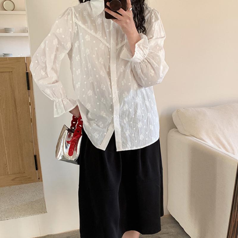 Women's Spring New Heavy Industry Embroidery White Pure Cotton Mid-Length Commuter Shirt