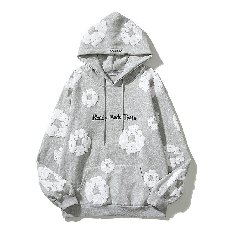 Autumn and Winter Cotton Foam Printed Letter Embroidered Hooded Sweater High Street Niche Casual Hoodie Men s and Women s M серый