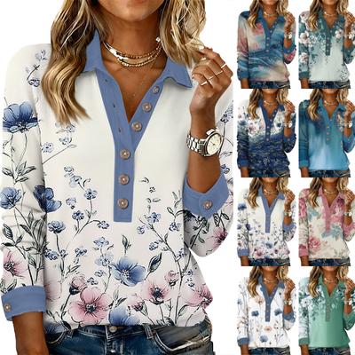 Women's Retro Street Lazy V,neck Long Sleeve Button Floral Print Pullover Top