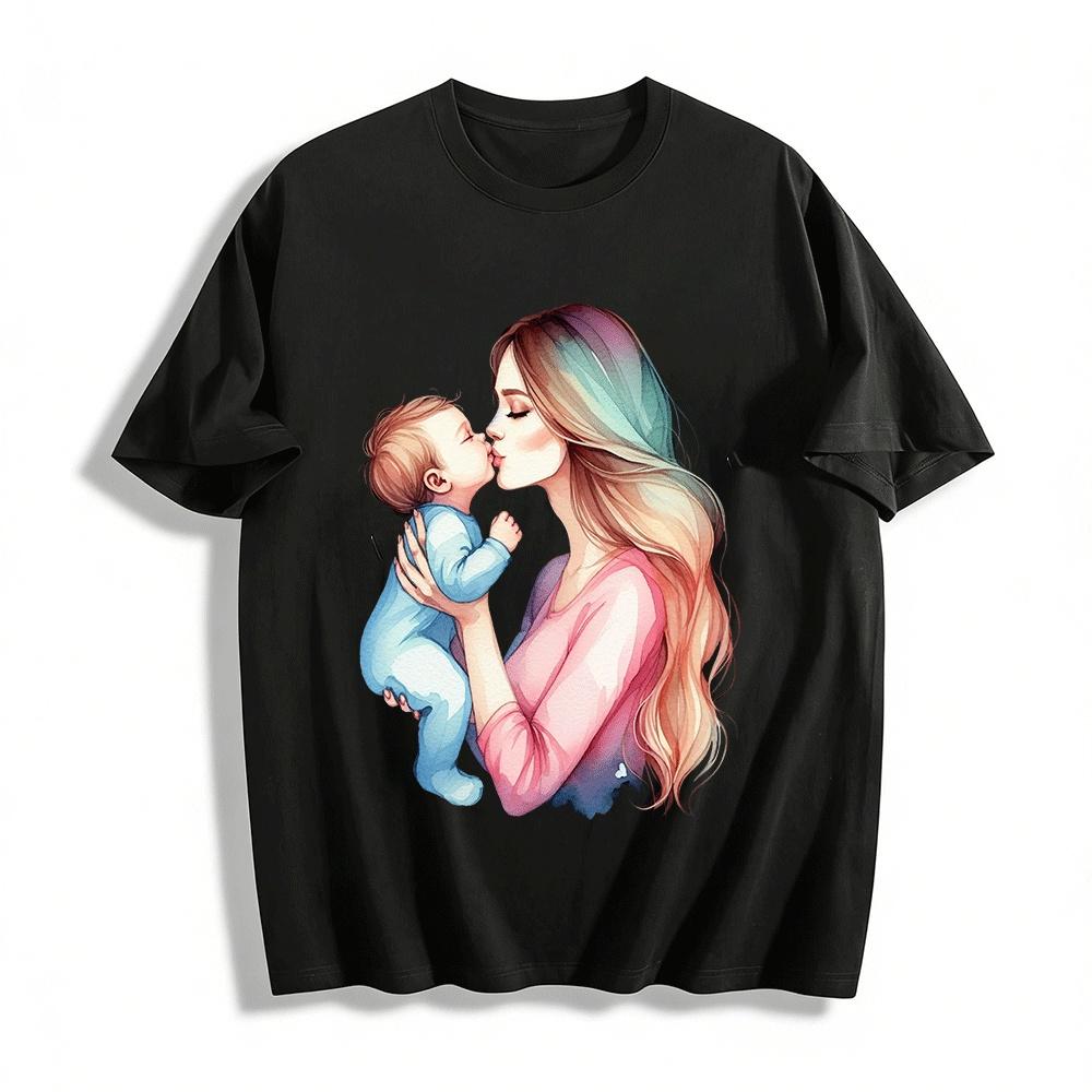 Warm Mother And Baby Kiss Print Casual Adult Top Pure cotton T-shirt XXS