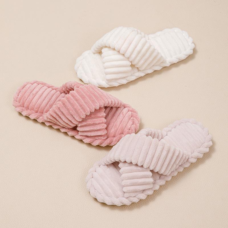 Striped Open ** Fork with Cotton Slippers Fluffy Slippers Comfortable and Simple Home Plush Slippers