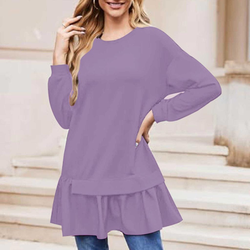 Women's Fashion Casual Loose Long Sleeve Ruffle Mid-Length Solid Color Sweatshirt