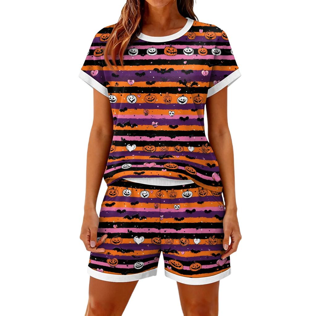 Women's Halloween Color-Block Print Casual 2-Piece Set - Holiday Themed Top and Pants for Women - Fun Cute Great for Parties