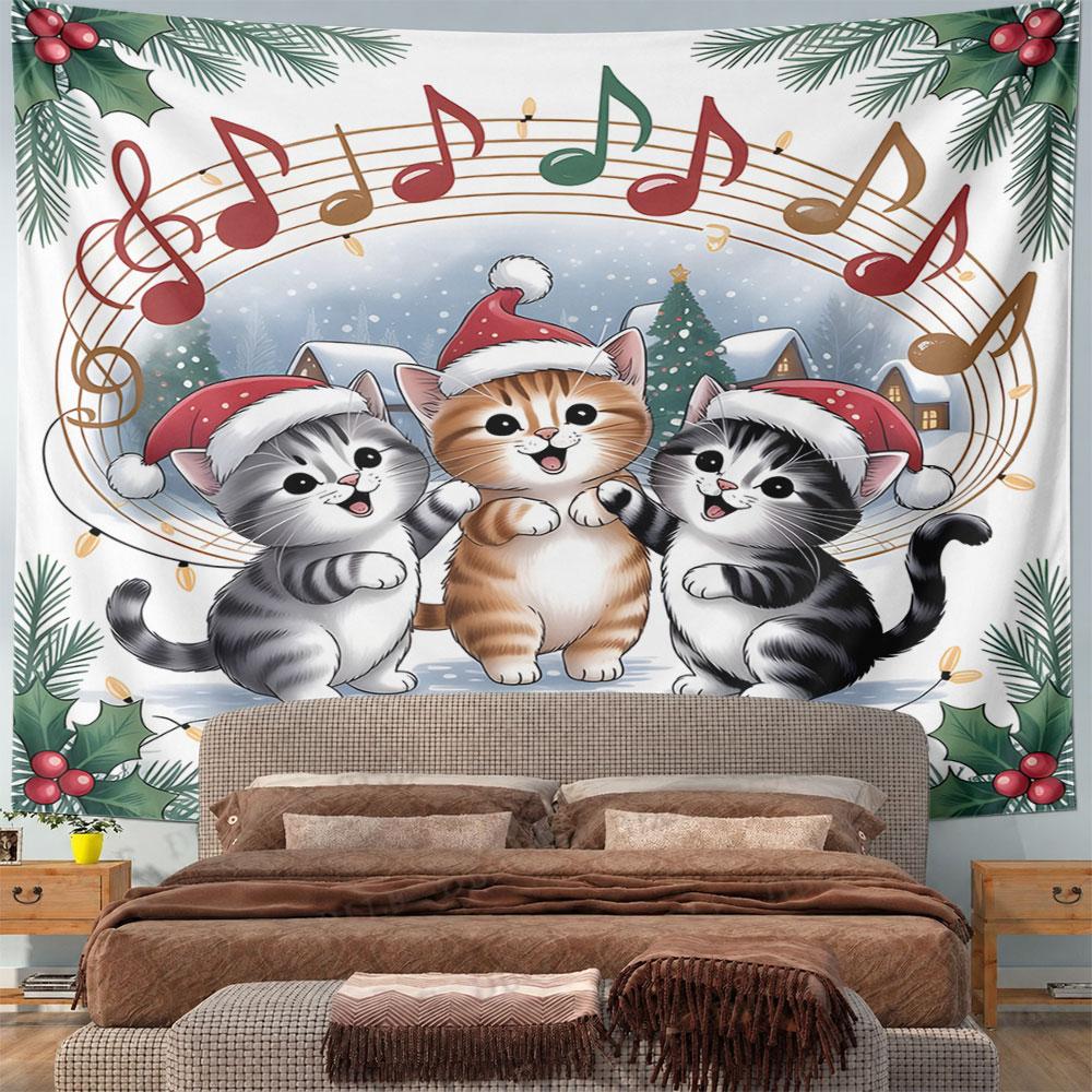 Christmas Singing Cats in Santa Hats Pattern Wall Hanging Tapestry Decorative Tapestry Home Decor for Bedroom and Living Room