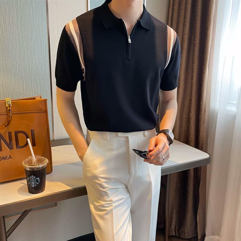 Men's Trendy Summer Contrast Lapel Polo Shirt – Zippered, Color-Block, Breathable, Casual Knit Short Sleeve