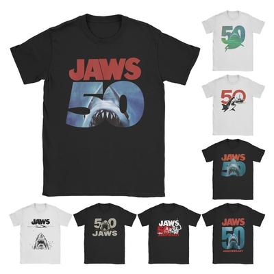 Men's T-Shirts Jaws 50th Anniversary Logo Novelty 100% Cotton Tees Short Sleeve Classic Movie T Shirt O Neck Clothes Plus Size