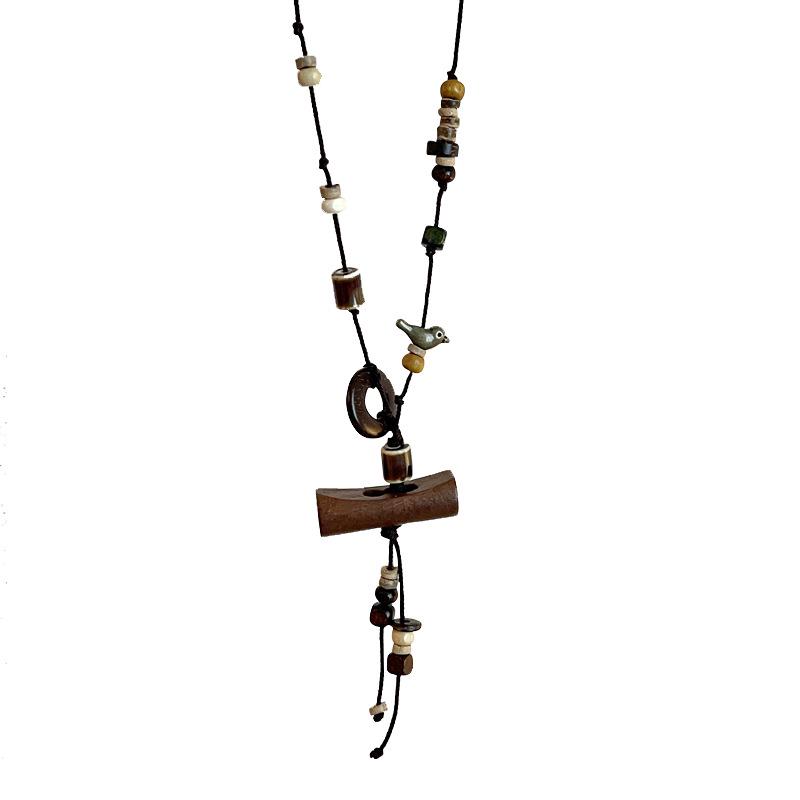 Vintage Holzperlen Vogel Halskette - Damen Retro Style Pullover Kette