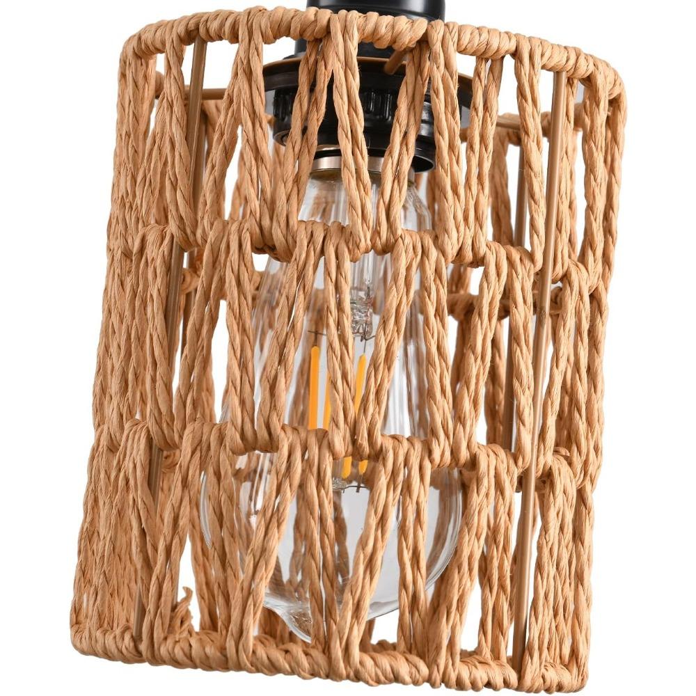 Boho Plug In Pendant Light Rattan Hanging Light with Cord Hemp Rope Farmhouse Hanging Lamp for Dining Room Bedside Restaurant