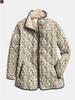 Women's Tropical Leaf Print Quilted Jacket Stand Collar Button Down Contrast Trim Casual Coat