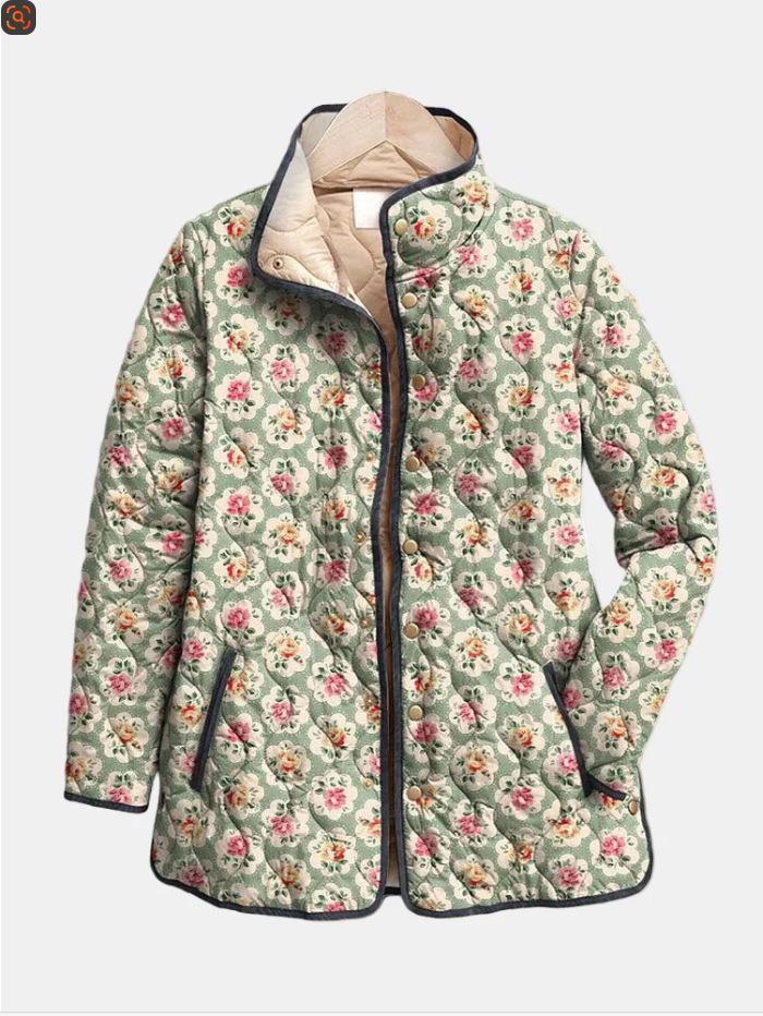 Women's Tropical Leaf Print Quilted Jacket Stand Collar Button Down Contrast Trim Casual Coat
