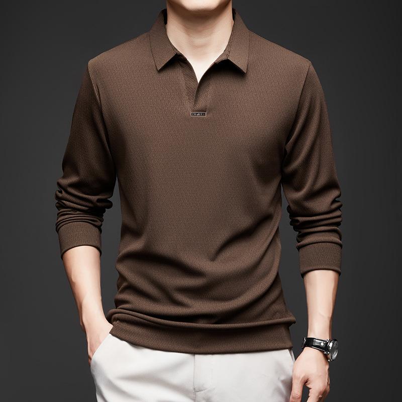 Scissor Neck Long-Sleeved T-Shirt Men'S Lapel Solid Color Polo Shirt Business Casual Bottoming Shirt Men'S