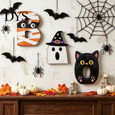 Halloween Tiered Tray Decor Wooden BOO Decoration for Trays, Creative Table Centerpiece Solid Wood Tabletop Centerpieces Party