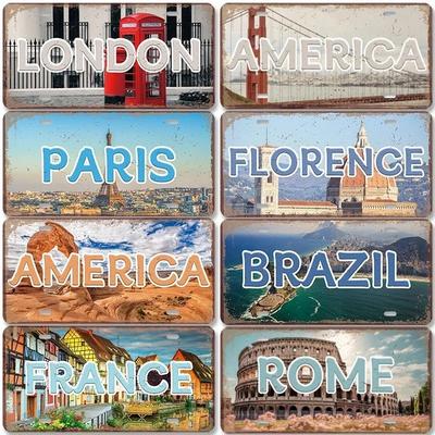 Vintage Metall Blechschilder Dekorationen Land Hauptstadt Kennzeichen Retro Amerika Frankreich Brasilien Türkei Metall Poster Cafe Club Bar