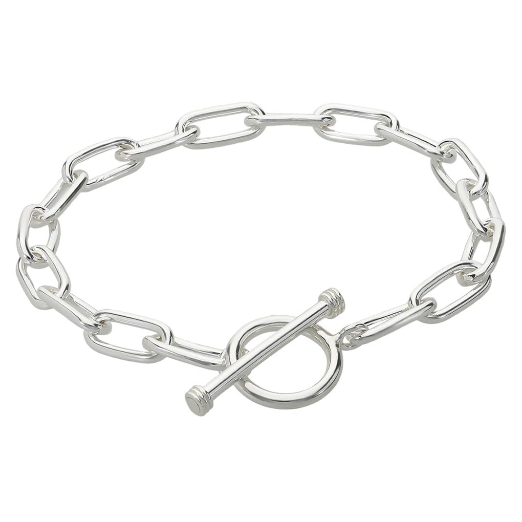 

[Shinjuku Gin no Kura] Sterling Silver 925 Long Azuki Chain Bracelet with Mantle and T-Bar, 19cm, Simple Design Chain with Loop and Toggle Clasp