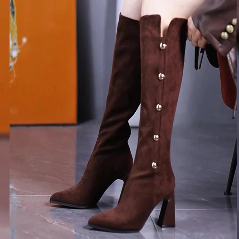 Vintage Winter Women Knee High Boots Fashion Pointed Toe High Heel Shoes Concise Long Botas De Mujer