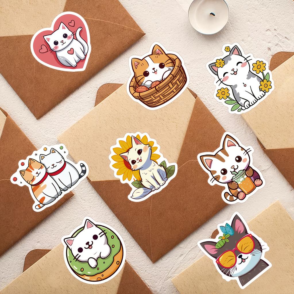 50pcs Cute Cartoon Cat Doodle Stickers | Vinyl, Mixed Color, Single Use, Ideal for Scrapbooking and Planners - Reward Gift