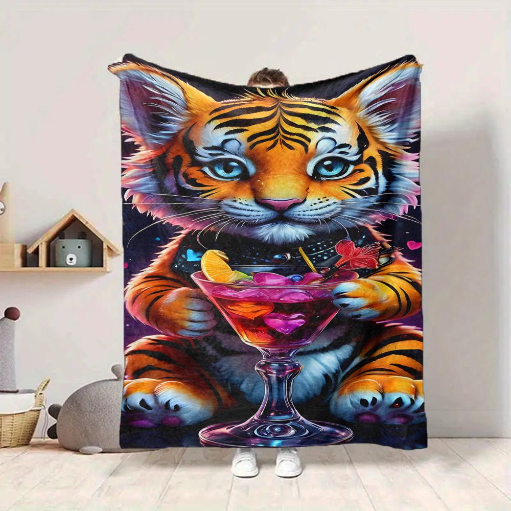 1pc Tiger Cocktail Glass Blanket Lightweight Flannel Blanket Throw Blanket For Sofa, Bed, Travel, Camping, Livingroom, Couch, Chair, And Bed yy2509026