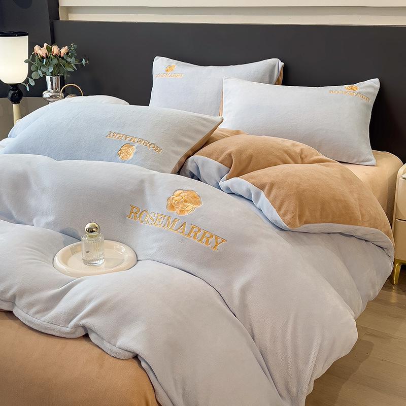 Coral Fleece Milk Velvet Winter Bedding Set: Thickened Embroidered Duvet Cover and Bed Sheet for Dorms.