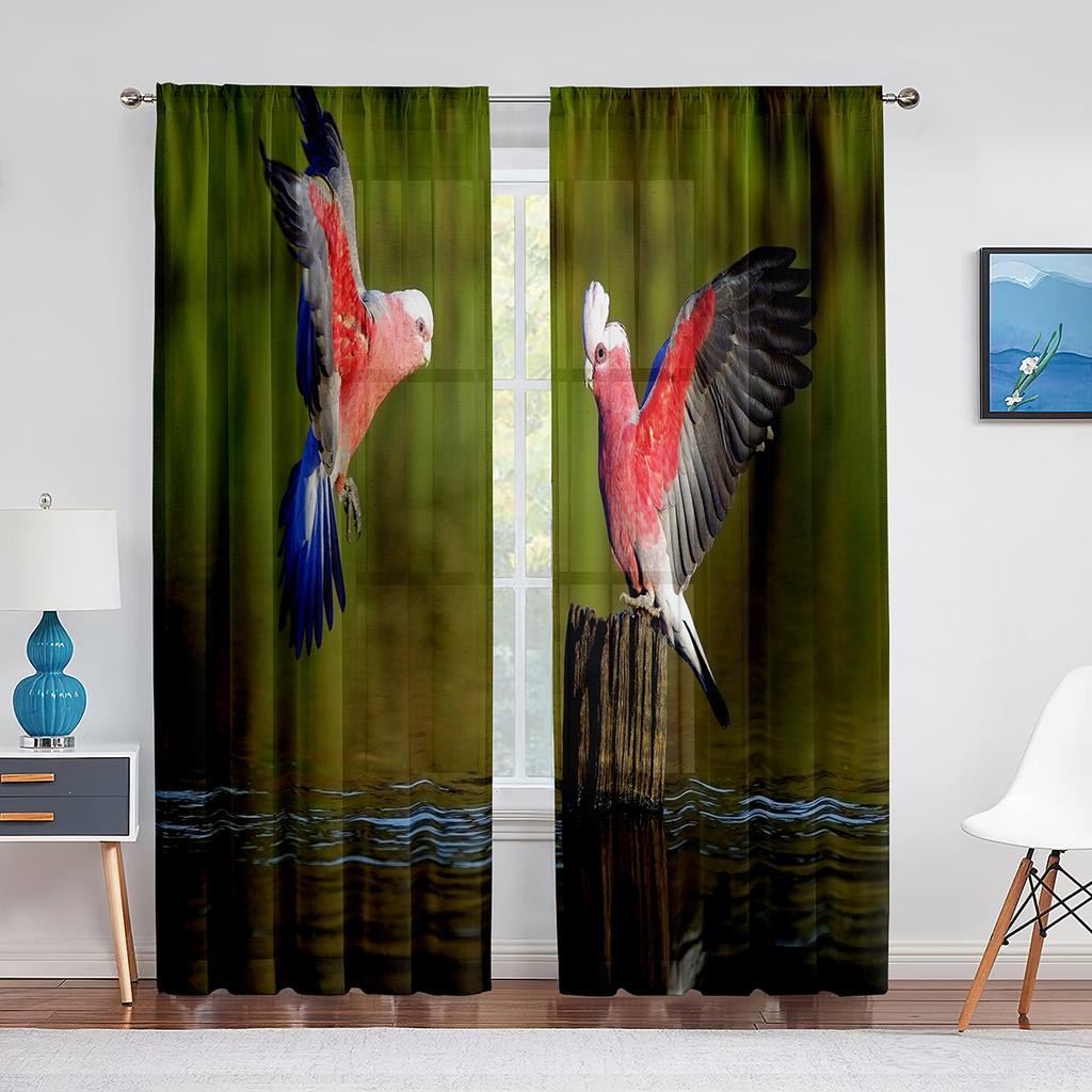 Two Pink Cockatoos Birds Parrot Tulle Curtains for Living Room Bedroom Decoration Transparent Chiffon Sheer Voile Window Curtain