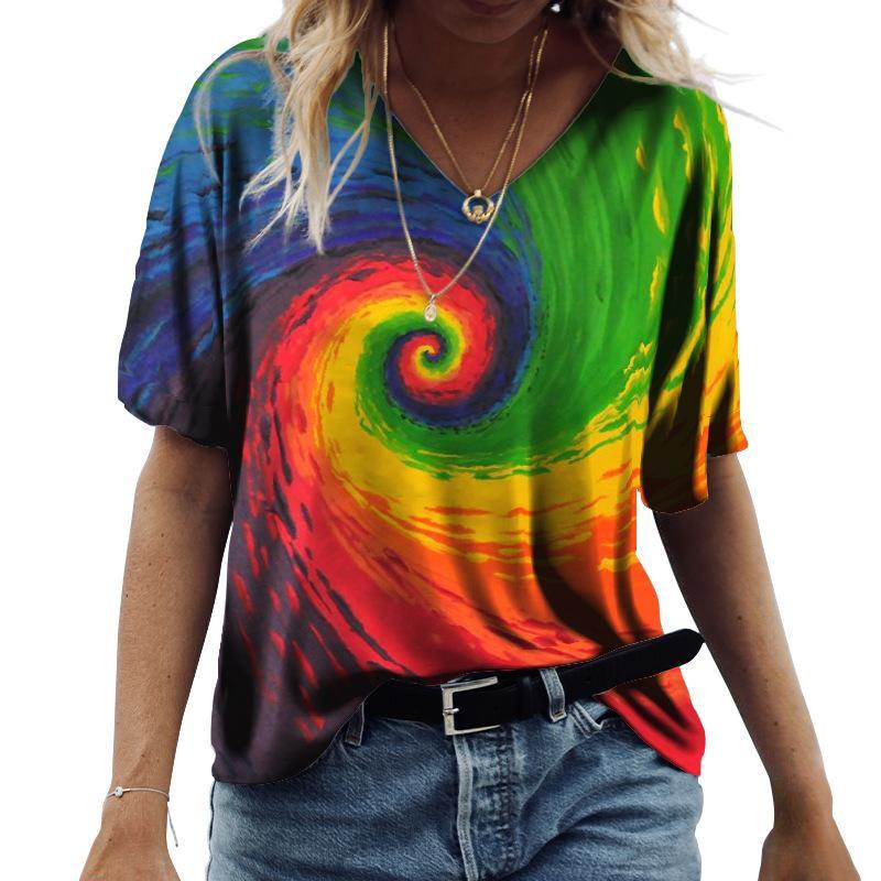 Women's Floral Print T-Shirt V Neck Short Sleeve Loose Casual Summer Top