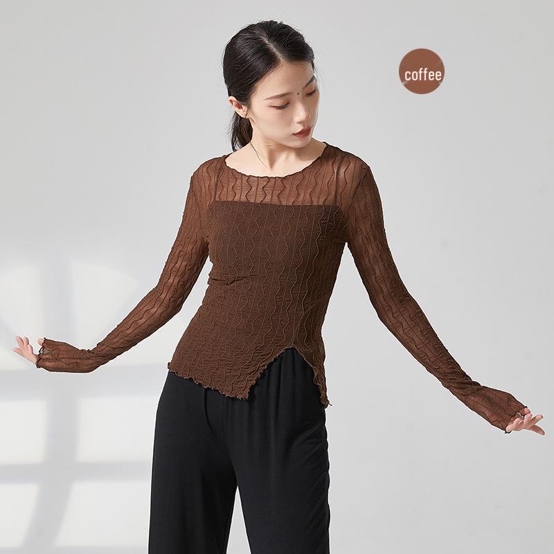 

Women s French Lace Top: Elegant, Slightly See-through, Slim-Fit Mesh Knitwear with Long Sleeves Large