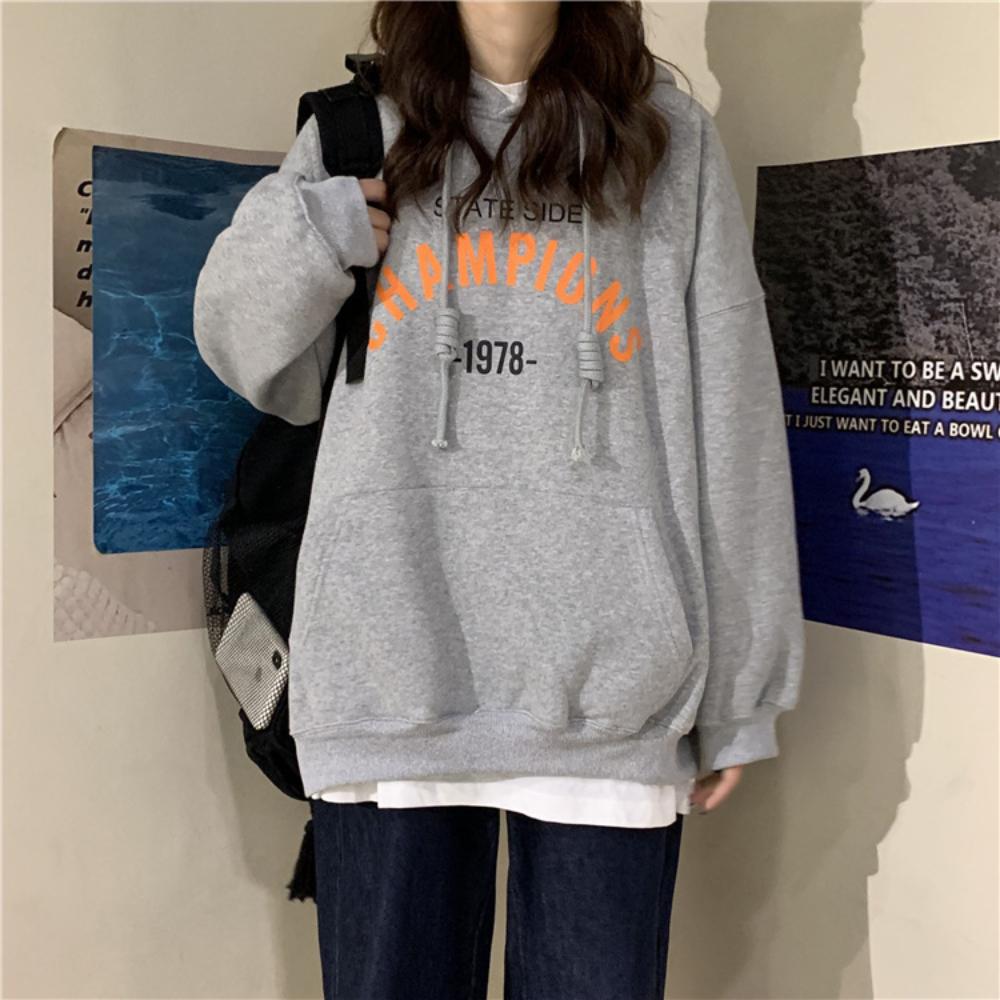 Women Letter Printed Hooded Sweatshirt Autumn Student Long Sleeve Loose Plush Pullover Hoodies Top