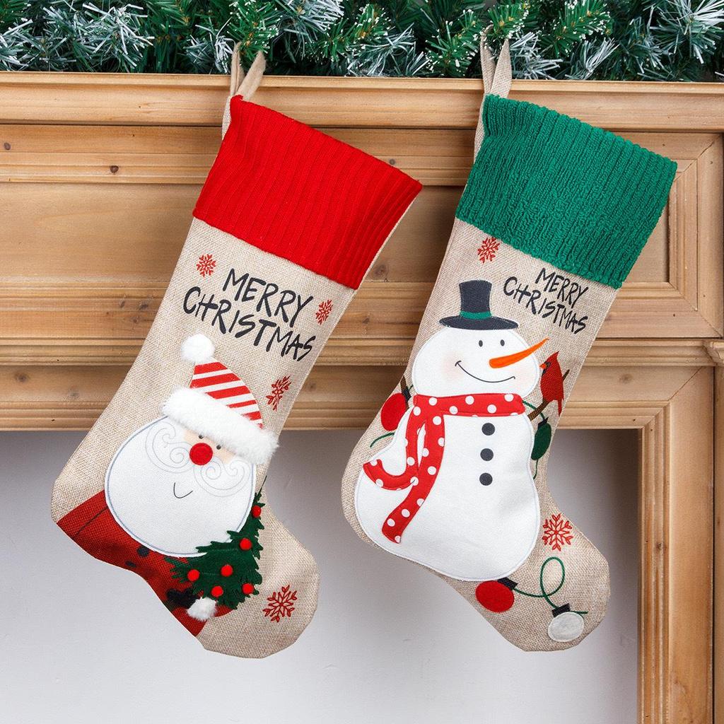 New Burlap Embroidered Snowman Christmas Stocking & Candy Gift Bag