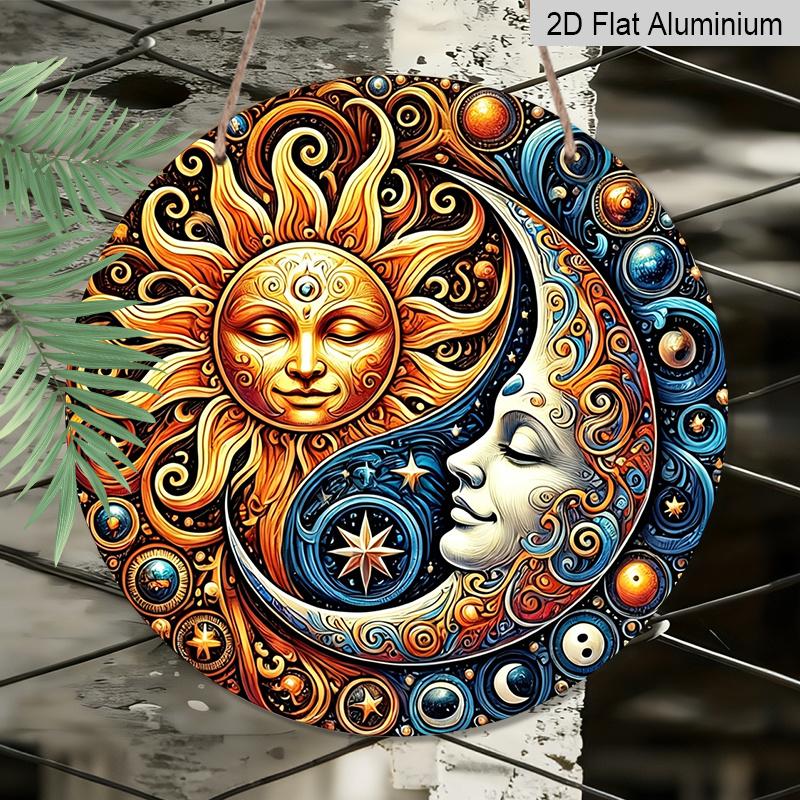 2D Flat, 1pc Fantasy Sun & Moon Metal Aluminum Sign - Mysterious Art Style Aluminum Wall Decor for Garden, Patio, Indoor & Outdoor Use - Celestial