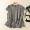 Plaid Short-sleeved Shirt Women's Yarn-dyed Cotton and Linen Summer 1116 New Round Neck Casual Commuter Pullover Top Women