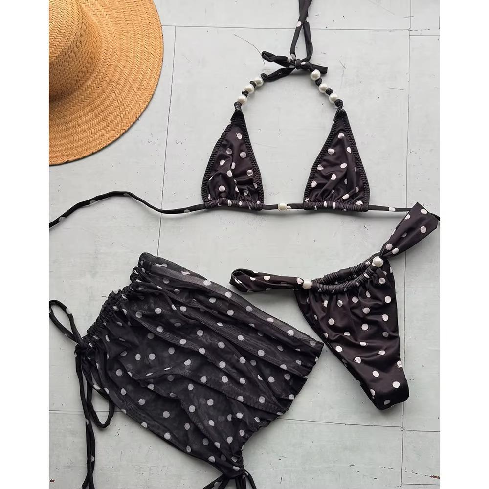 Women'S Summer Polka Dot Print Beach Apron Hip Wrap Sexy Bikini Three-Piece Set European And American Popular Swimsuit