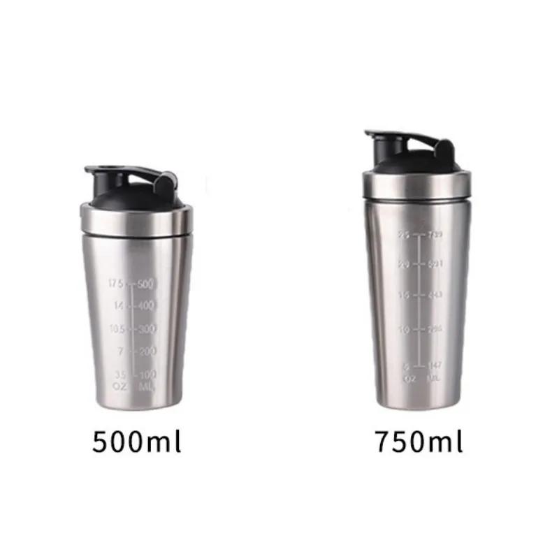 500/750ml Stainless Steel Protein Powder Shaker Bottle with Steel Ball and Scale Leak Proof Gym Fitness Sport Whey Shakes Cup