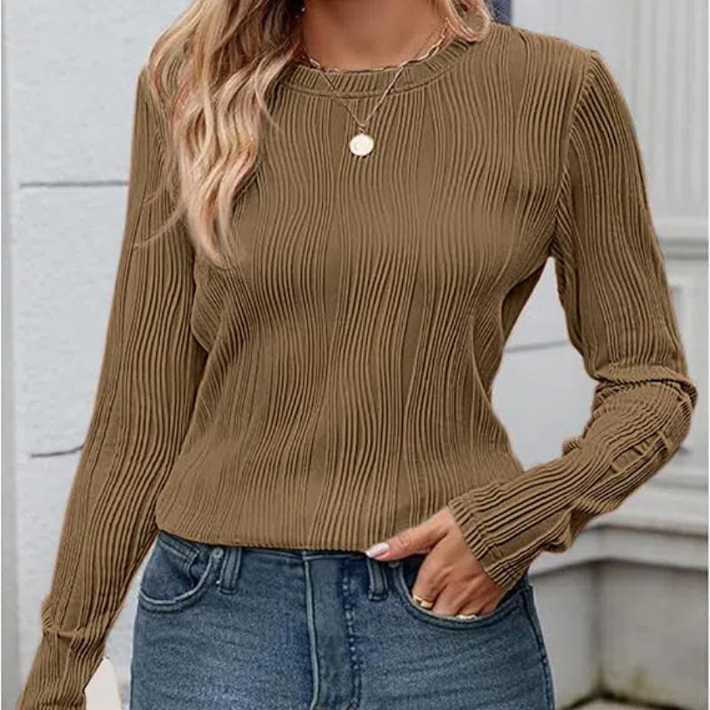 Womens Tops Trendy Dressy Casual Long Sleeve Crewneck Basic T Shirts Solid Loose Textured Blouses Outfits
