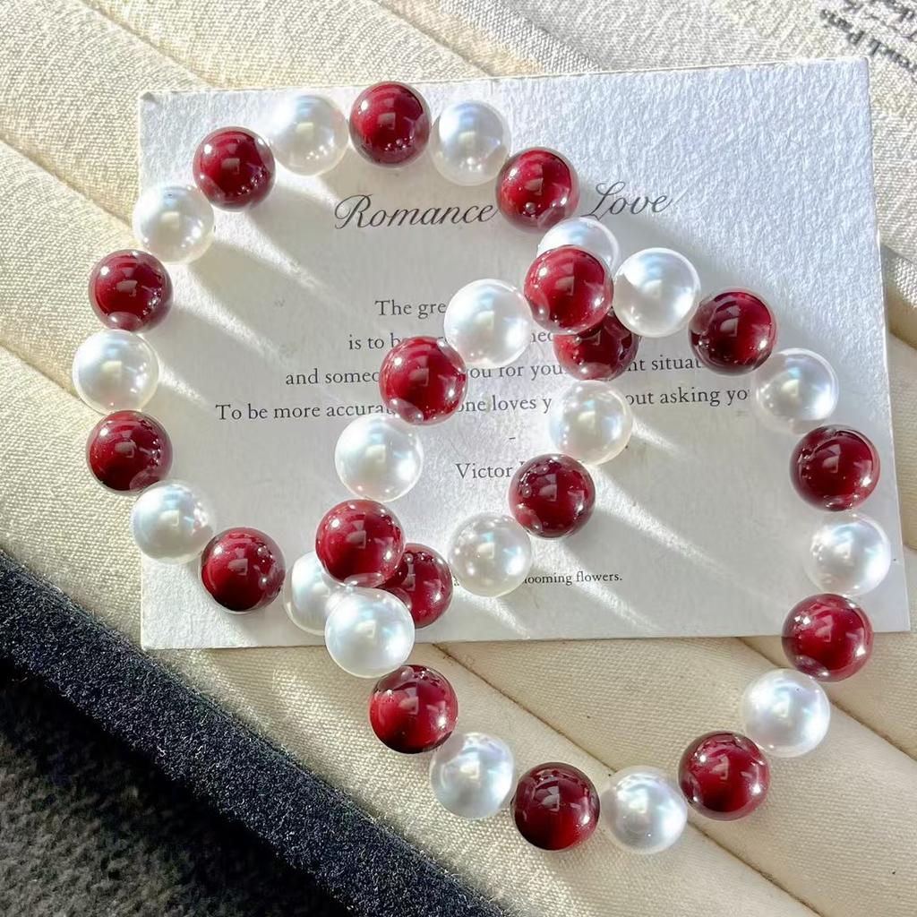 10Mm Vintage High Quality Ankara Red Cold White Artificial Crystal Pearl Bracelet Bracelet