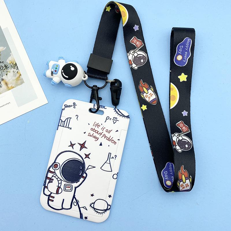 Women Men Work Card Cover White Astronaut Pattern Business Name Card Badge Holder Bus Access Guard Credit Card Case with Lanyard