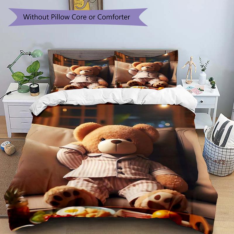 3pcs Anime Teddy Bear Bedding Set - Includes One Quilt Cover and Two Pillowcases (No Core) - Home Decor, Festival Gift, Polyester Fabric, Ca