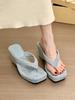 Mint Camellia! Temperament Suede Square Head Metal Buckle Slope Heel Flip-flops Female Summer Toe Thick-soled Slippers