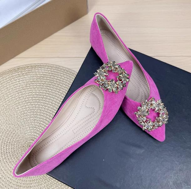 Women Luxury Pearl Crystal Buckle Flock Flats Pointed Toe Dough Shoes Spongy Insole For Tender Feet Comfortable Walking Slip-On