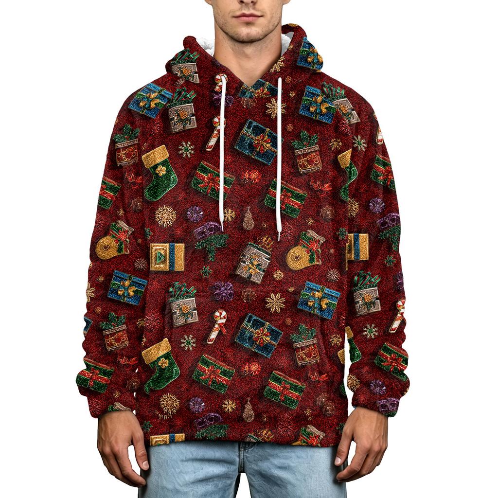 Men's Christmas Print Flannel Hoodie Plus Size Casual Hooded Sweatshirt for Fall and Winter
