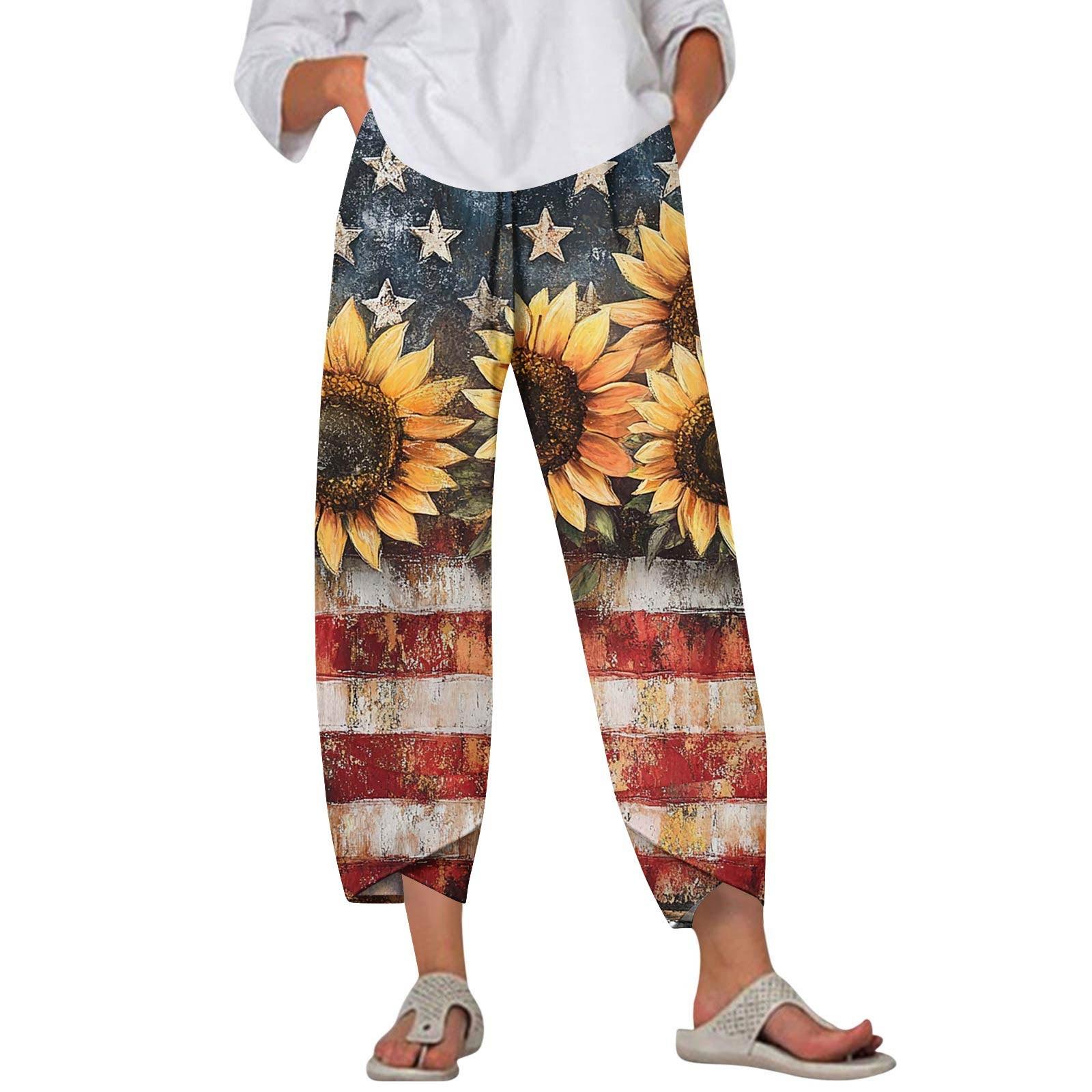 

Pants For Women Summer Casual Wide Leg Elastic Waist Print Pants With Pockets S винный