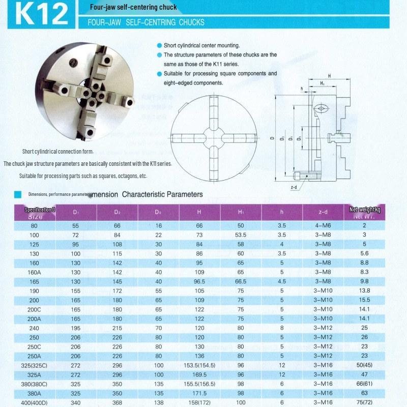 Zhonghuan K11400C Self-Centering Front Three-Jaw Chuck with M16 Screw and Removable Jaws
