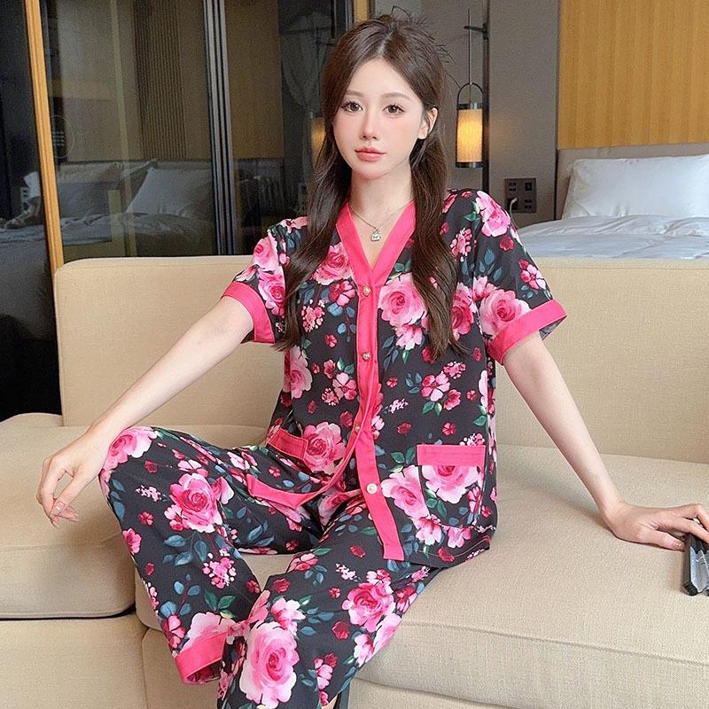 Loose Women's Pjs Soft Homewear Short Sleeve Top and Pants Pyjama Floral Print Summer New Thin Pajamas for Women Home Set
