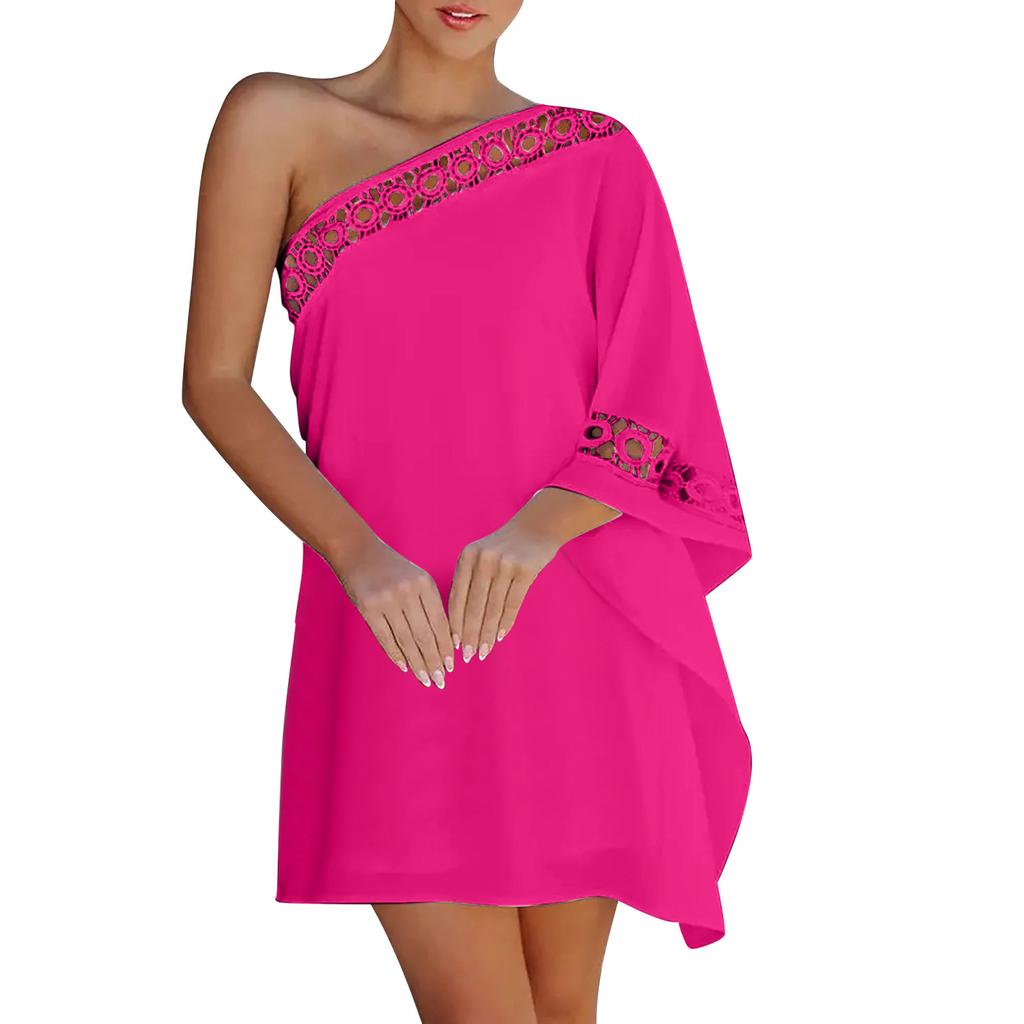 Wish Ladies Solid Color Slash Shoulder Lace Patchwork Dress